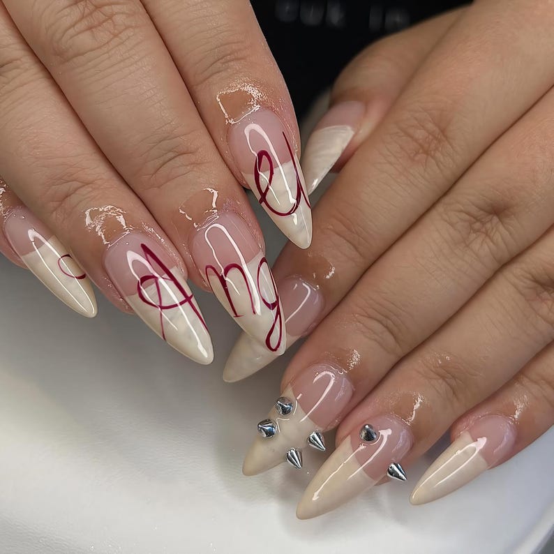 Romantic Angel Nails Press On – Luxury Valentine Stiletto Nails with Love Script, French tip nails, Wedding nails