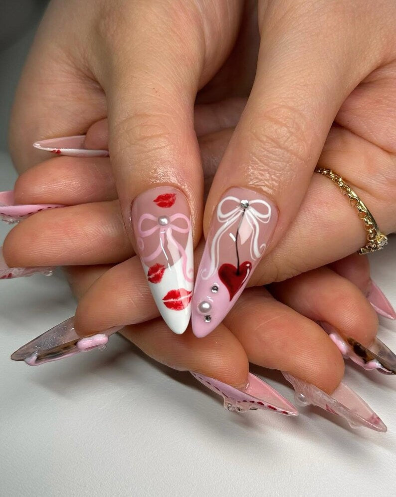 Pink Coquette Press On Nails, 3D Bow Nail Art with Lace and Red Kiss Accents, Cute Romantic Nails, Valentines nails