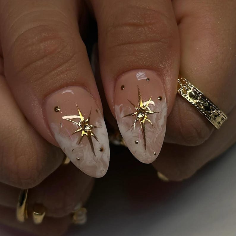 Luxury Nude Gold Almond Nails | Shimmer Gold & Star Fake Nails | Elegant Astrology Nail Art | Ethereal Sun Short Press On Nails