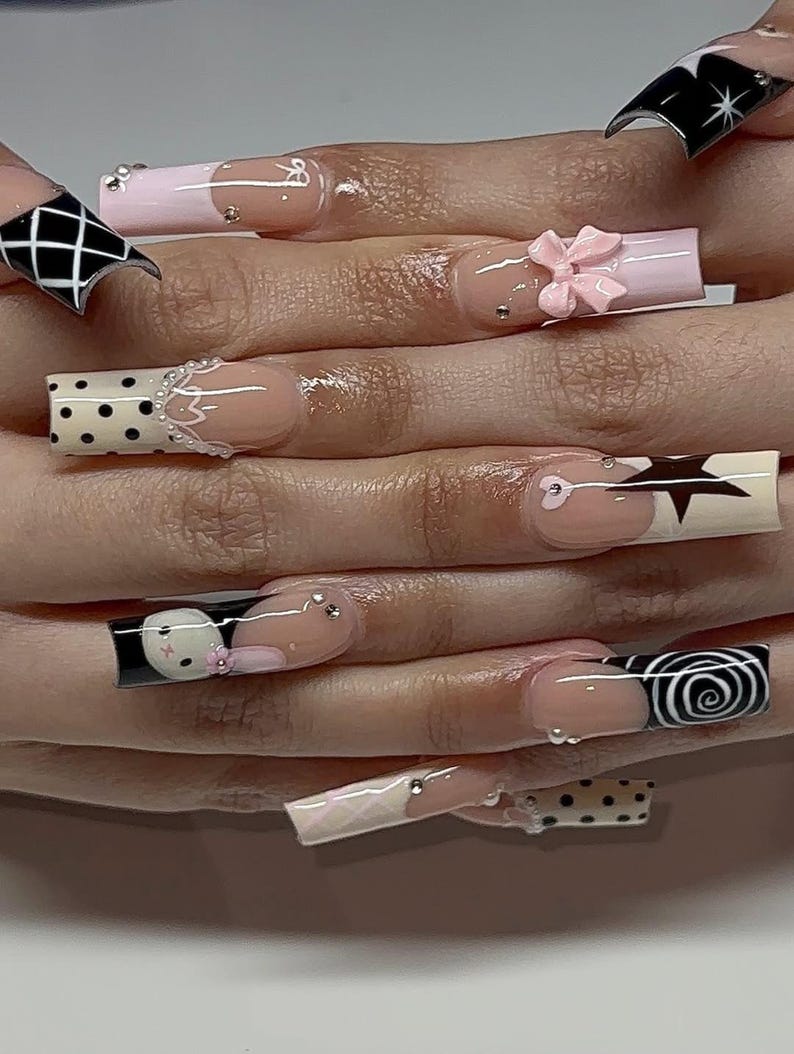 Star Glam Rock Press On Nails | Pink & Black Star Nail Art | Polka Dot French Tip Nails | Edgy Y2K Nail Design | Handmade Kawaii Nails