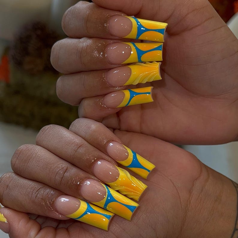 Yellow Blue Ombre Flame Press On Nails | Colorful Ombre French Tip Nail Set | Fiery Nail Design | Bold & Fiery Coffin Nail | Handmade Nails
