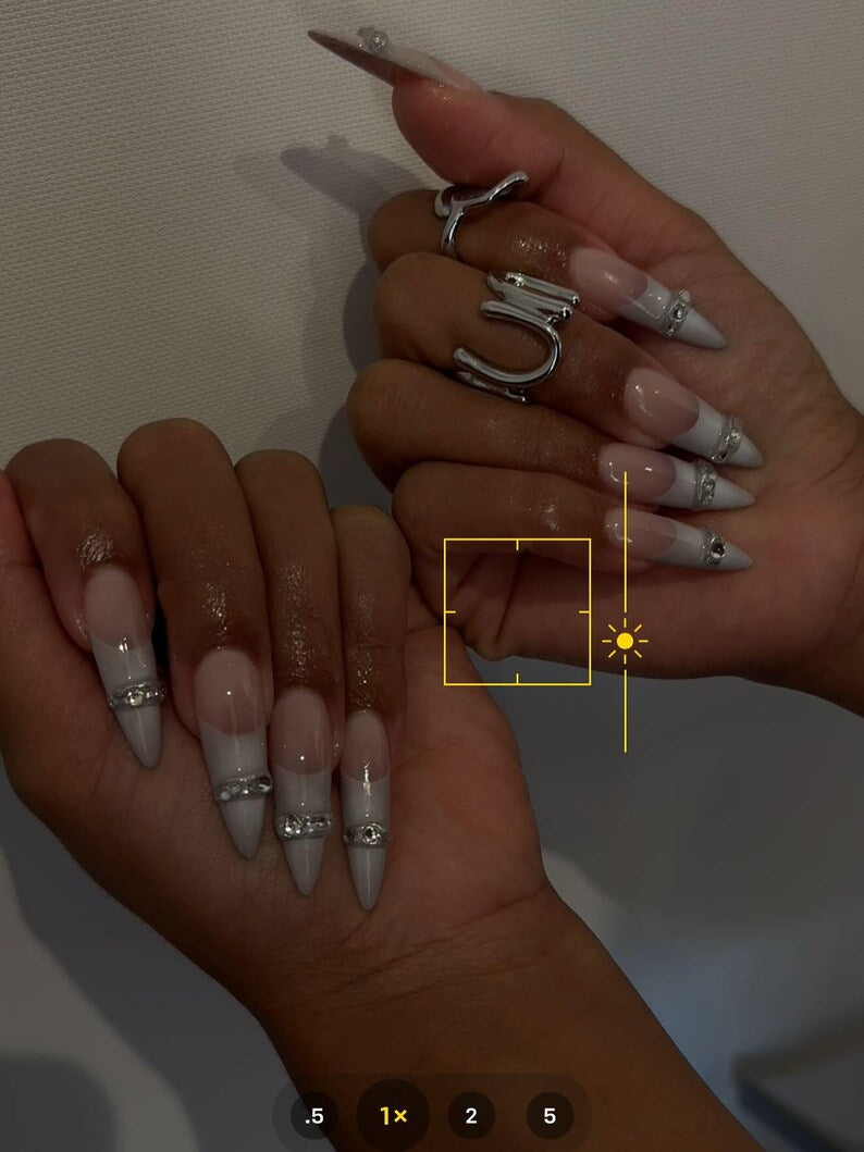 Ombre French Tip Press On Nails | Luxury Press On Nails Long Stiletto Shape | Silver Metallic French Tip | Nail Ring Custom Freestyle