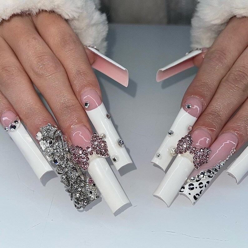 Black White Press On Nails | XL Square Leopard Nails | Sparkly Rhinestone Bow Nail Art | Date Night Statement Press Ons | Girls Night Out