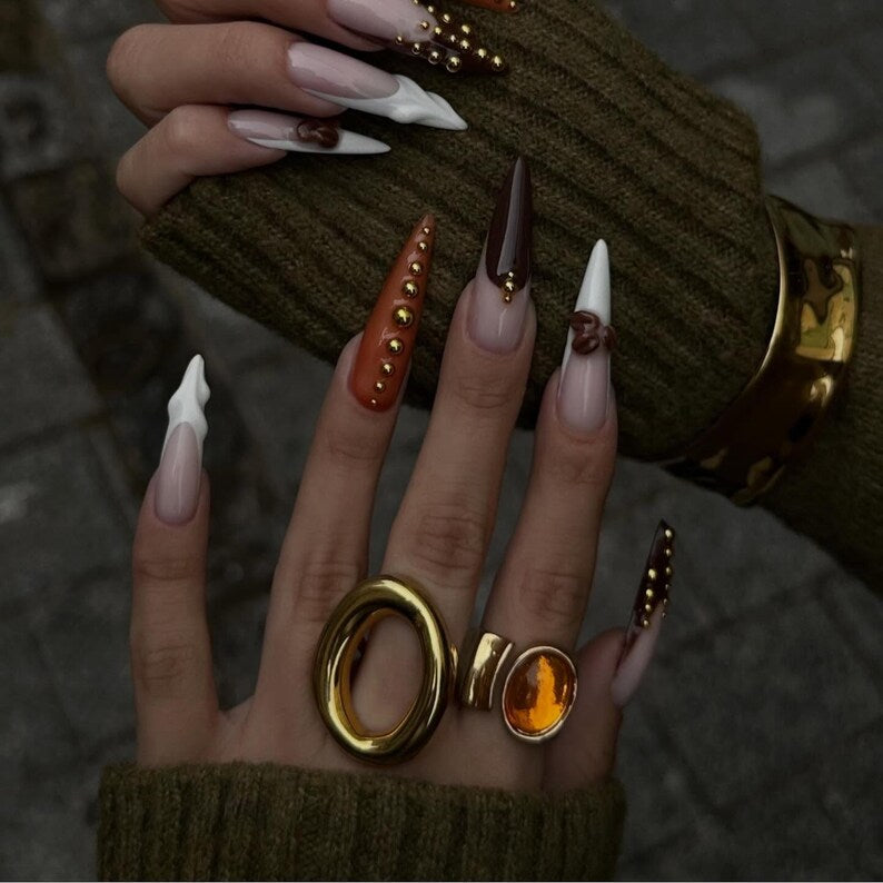 Edgy Brown Fall Press On Nails | Tortoiseshell & Geometric Nail Art | Handmade Luxury Nail Set | Gothic Chic Press On Nails