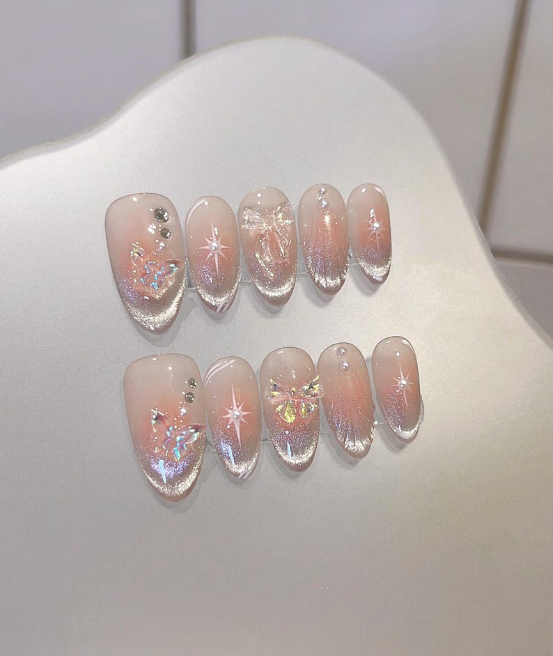 Fairy Jelly Rose Blush French Style Star White Cat eye 3d Butterfly Nails | Reusable Custom Handmade Press on Nails | Twinkle Cute nails