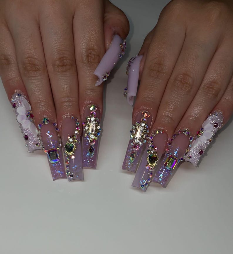 Handmade XL Luxury 3D Flower Lavender Press On Nails | Maximalist Bling Crystal Rhinestone Extra Long Square Nails For Birthday, Prom, Event