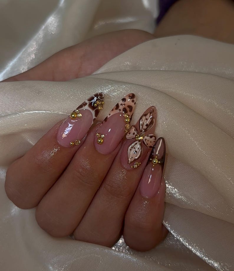 Brown Leopard Print Press On Nails | Long Almond French Nails | Zebra & Crocodile Pattern Nail Art | 3D Floral Elegant Nails