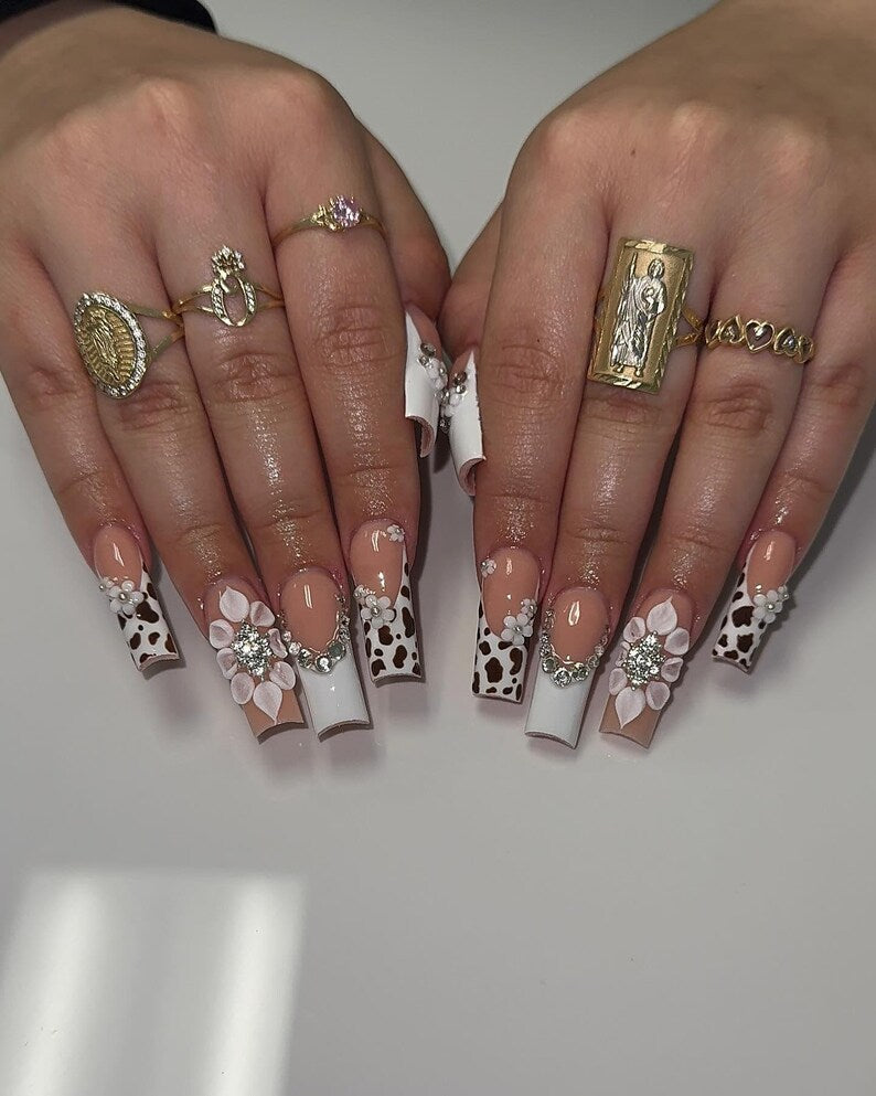 Custom Cow Print & 3D Flower Square Press On Nails | Luxury Silver Rhinestone Western Glam Fake Nails | Gemstone Nails with Silver Accents