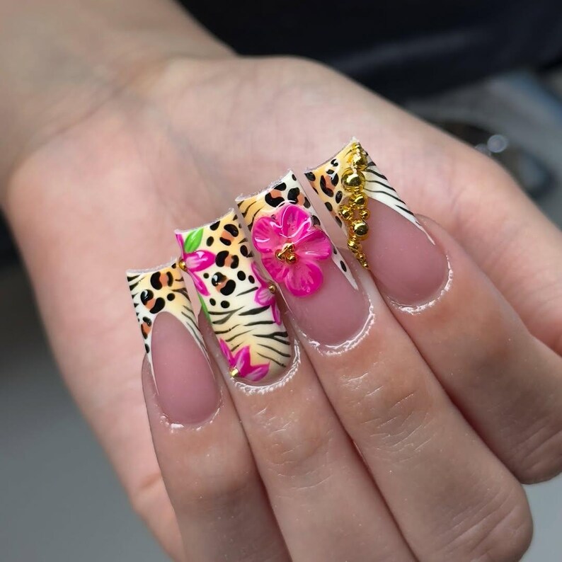 Tropical Safari Press On Nails | Leopard Print Fake Nails | 3D Flower French Tips Nail Art | Glam Jungle Fake Nails | Animal Nails