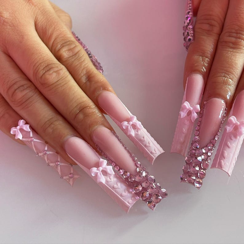 Pink XL Square Press On Nails | Rhinestone Bow Nails | Knitted Texture Nail Art | Feminine Statement Press Ons