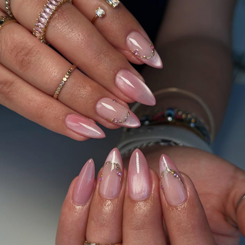 Galaxy Pink Blush Glittery French Cat eye Nails | Reusable Press on Nails | Fairy Almond nails | Minimalist Style Nails | French Tip Nails