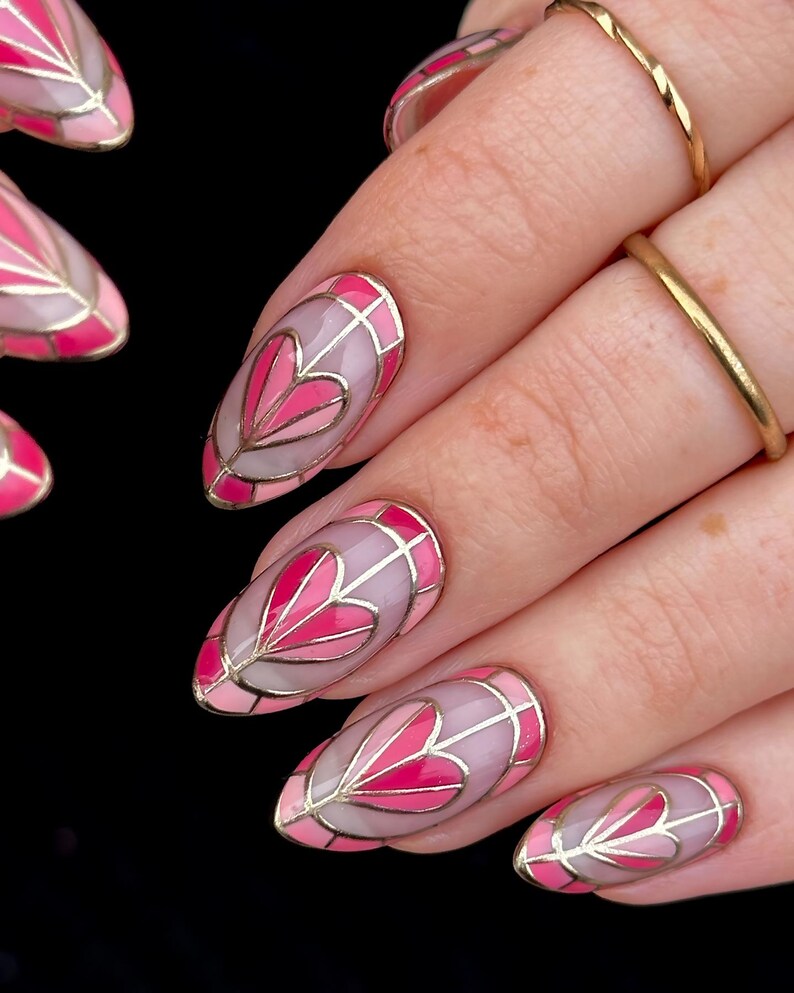 Pink Gold Heart Press On Nails, Stained Glass Almond Nail, Elegant Valentine Nails, Nude Pink Almond Nail, Luxury Handmade Romantic Nail Set