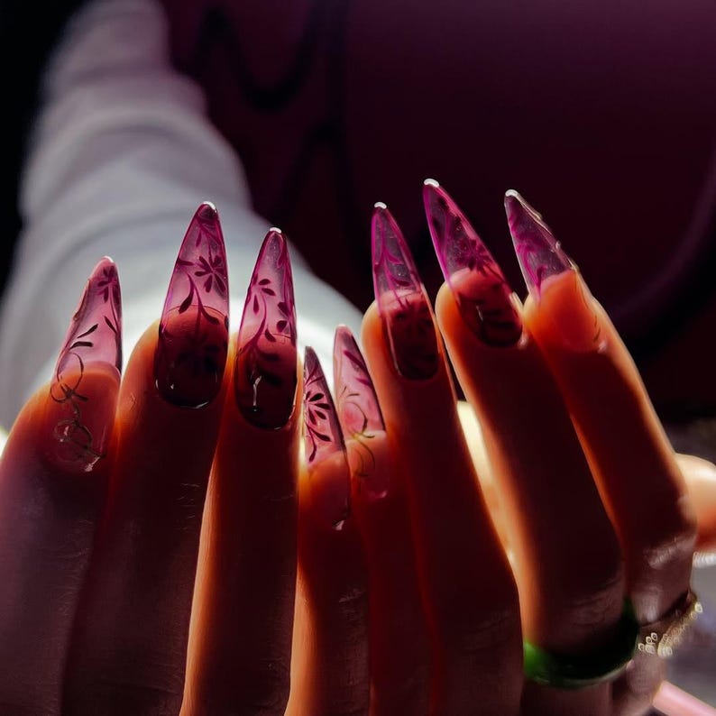 Burgundy Blooming Flower Press On Nails | Luxury French Fake Nails | Mulberry Floral Nail Art | Spring Press Ons | Long Stiletto Purple Nail