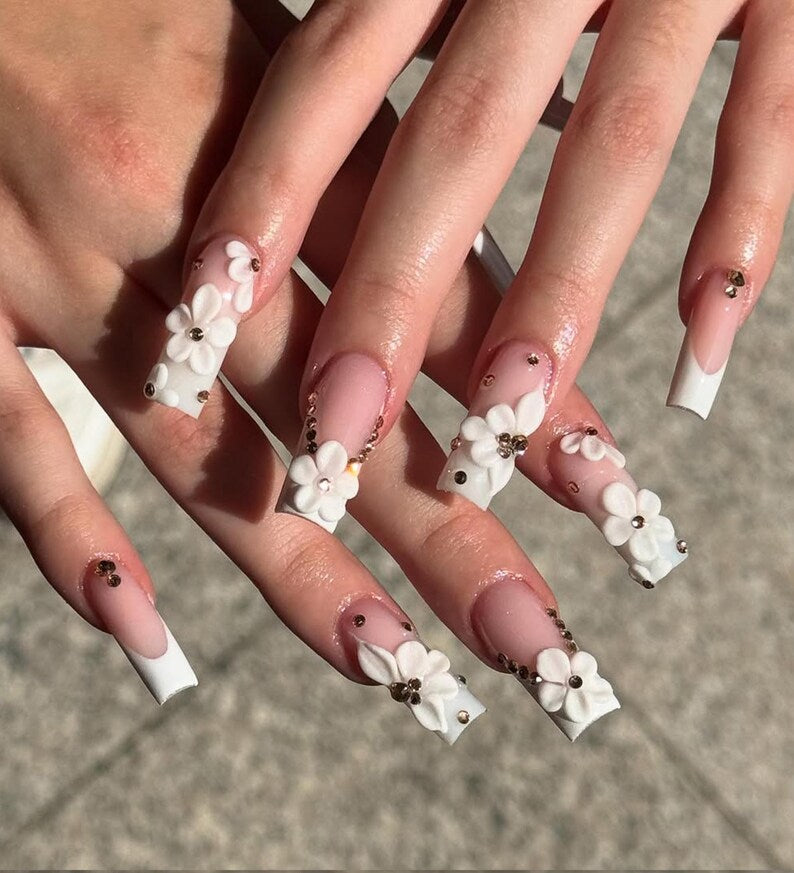 White Garden Bloom Press On Nails | 3D Floral French Tips | Elegant Wedding Nail Art | Handmade Luxury Square Nails