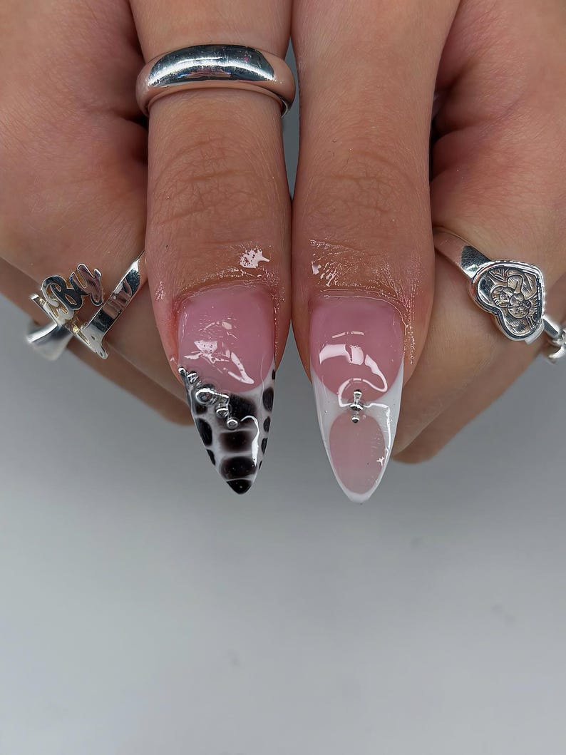 Y2K Mixed Print Press On Nails, Black White French Tip, Zebra Cow Print Nails, Black White Y2K Nails