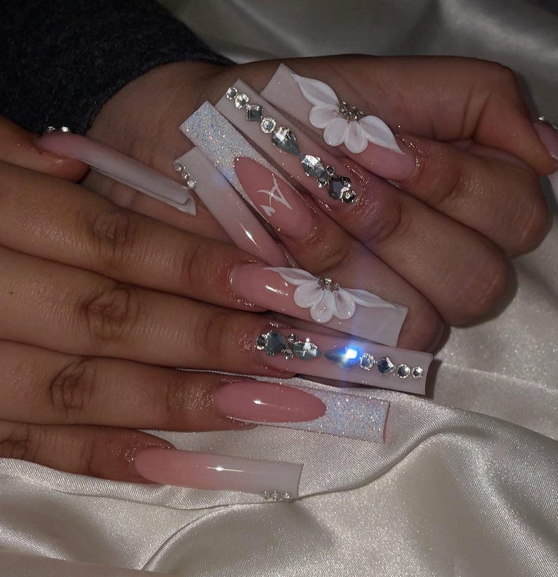 Custom Initial 3D Flower Bling Luxury Press On Nails | White French Tip Rhinestone XL Square | Bridal Nails Acrylic | Wedding Nail Art