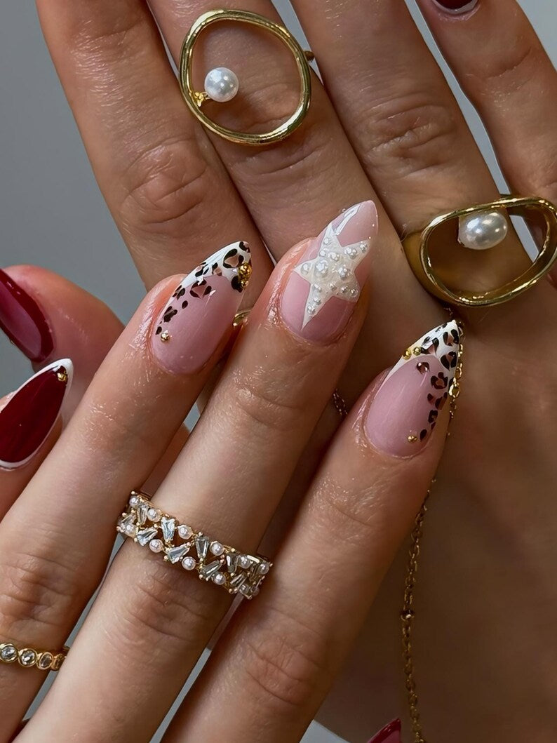 Red Tortoise Press On Nails,Custom Handmade Nail Set with Retro Y2K Design, French Tip Nails, Leopard Print nails, Fall nails, Birthday nail