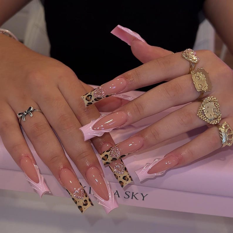Pink Leopard Press On Nails | French Square Tip Nails with 3D Heart Charm | Cute Trendy Set | Luxury Fake Nails | Square Press On Nails