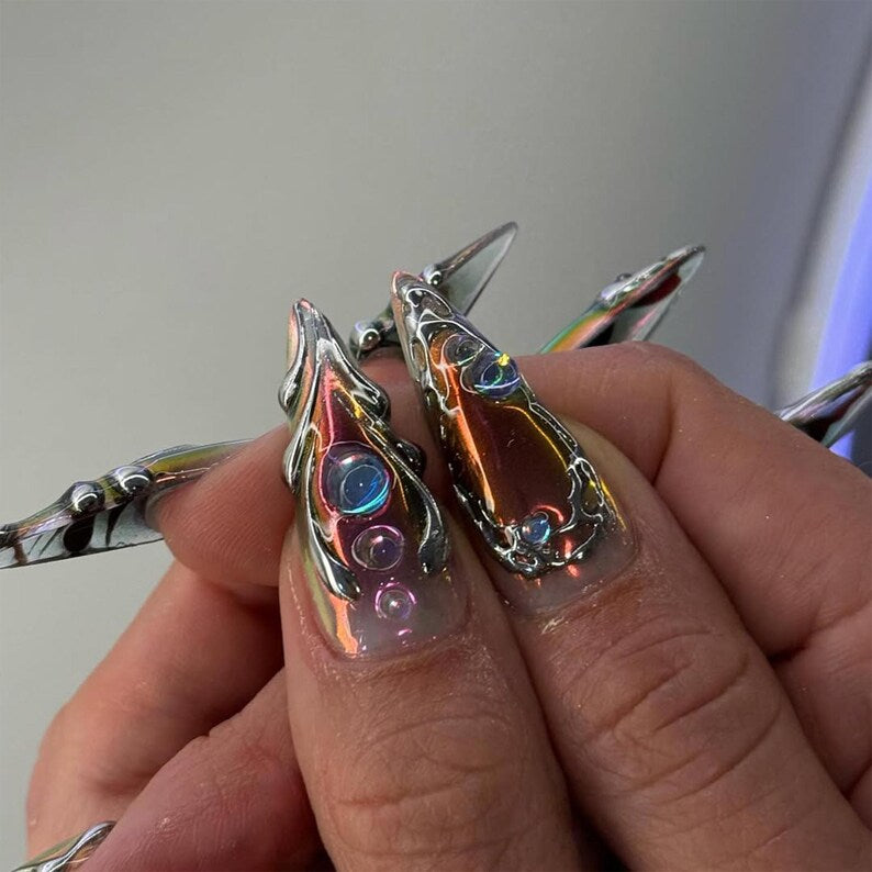 Metallic Chrome Aurora Press On Nails | Holographic Chrome Fake Nails | Elegant Metallic Swirl Nail Art | Holographic Stiletto Nails