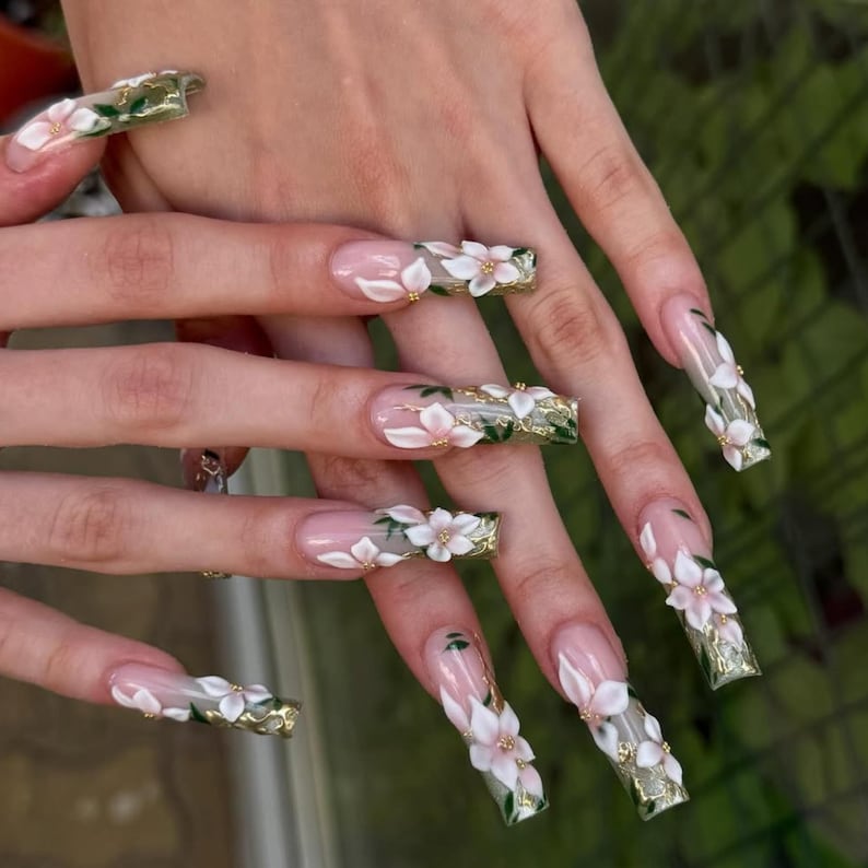 Enchanted Floral Press On Nails | Luxury 3D White Floral Nail Art | Green & Gold Coffin Nails | Elegant Wedding Nails