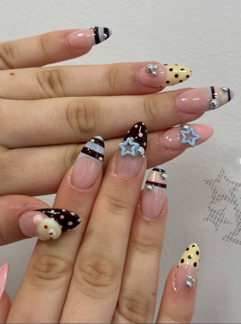 Handmade Cute Kawaii Press On Nails, Brown Chocolate French Tip Nails, Polka Dot Nail Art, 3D Bear and Star Design, Sweet Aesthetic Nail Set