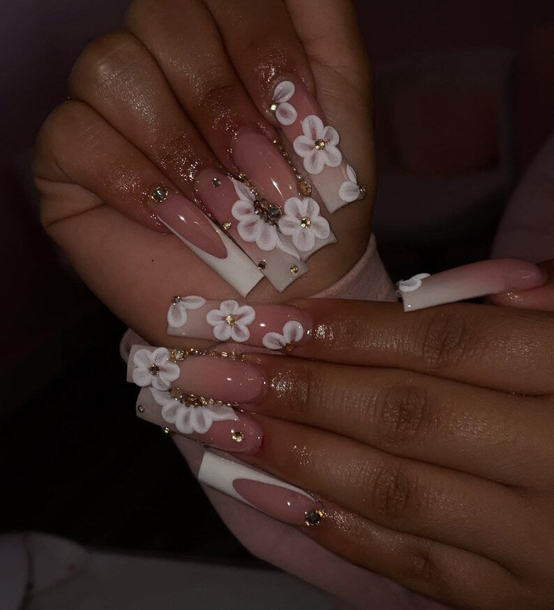 Elegant 3D White Flower French Tip Press On Nails | Nude Pink Long Square with Gold Rhinestones | 3D Floral Nails | Bridal Nail Art