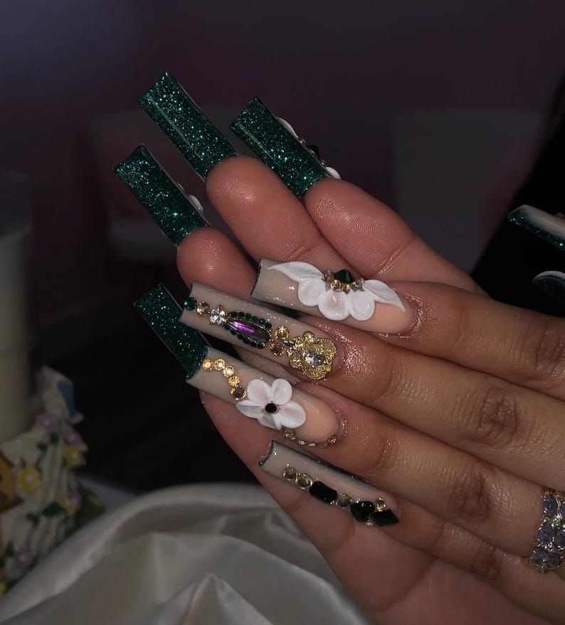 Handmade 3D Flower Emerald Green Square Press On Nails | Gold Crystal Bling Flared XL Fake Nail | Luxury Elegant Dark Aesthetic Nail Art