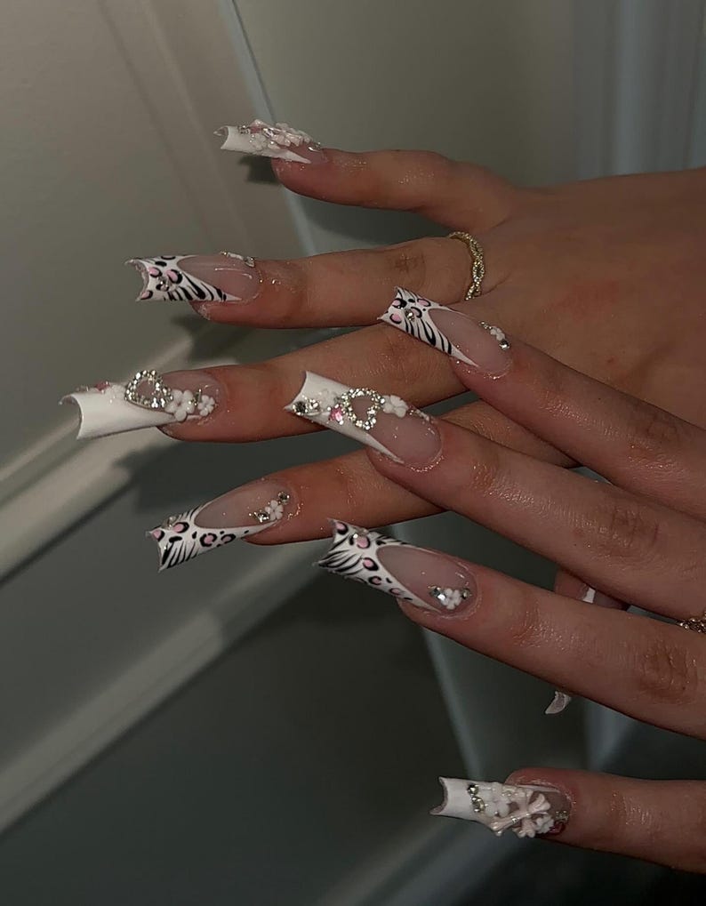 Safari French Press On Nails | Zebra & Leopard Print Mix | 3D Heart Rhinestones | Trendy Long Square Press Ons | Cute Girly Nail Art