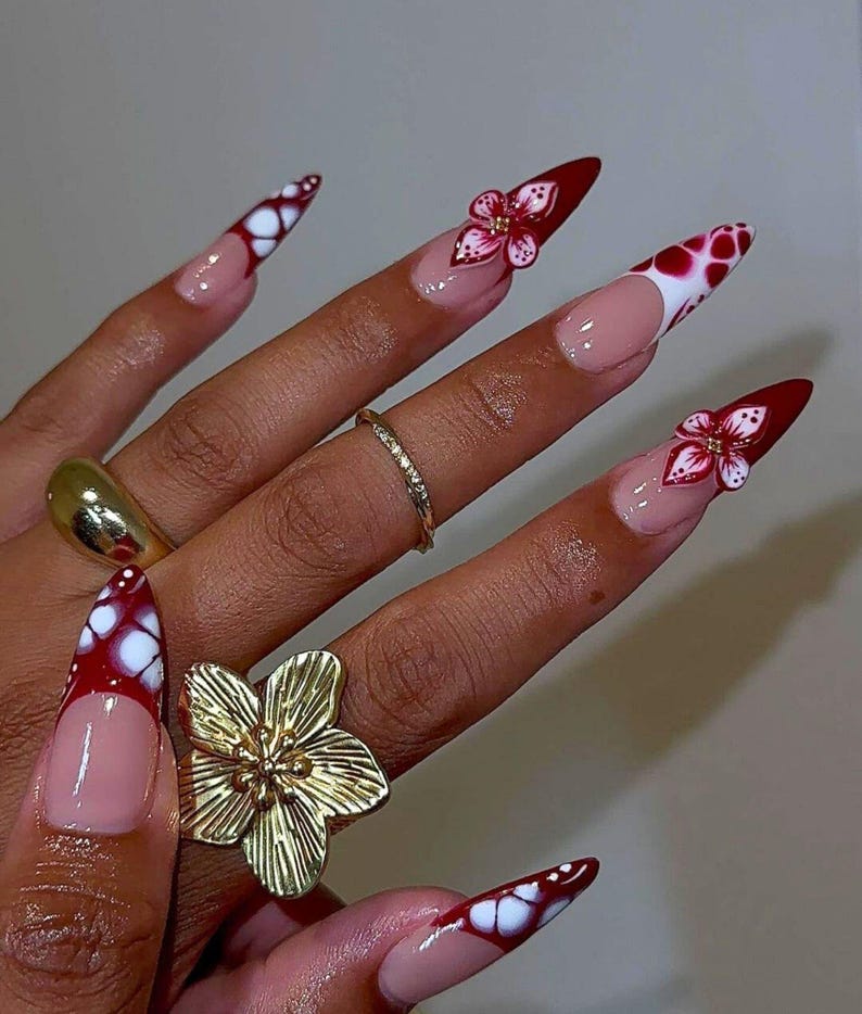Spotted Red Flower Press On Nail, Long Stiletto Fake Nail for Spring-Summer, Unique French Tips Nail Art, Gel Nails, 3D Nails, Gel Nails