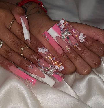 3D Butterfly and Flower Pink White French Tip XL Square Press On Nails | Rhinestone Glam Gyaru | Acrylic & Press On Nails Dreamy Pink Flower