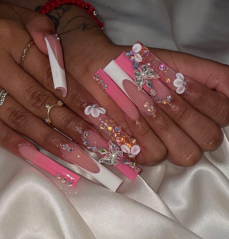 3D Butterfly and Flower Pink White French Tip XL Square Press On Nails | Rhinestone Glam Gyaru | Acrylic & Press On Nails Dreamy Pink Flower