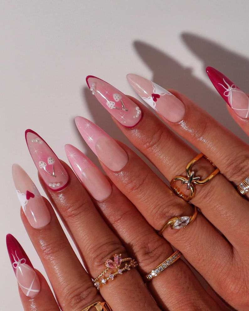 Valentine Press On Nails | Red & Pink Bow Nails | Heart Corset French Tip Nail Art | Cute Fake Nails | White Heart Corset French Tip Nails