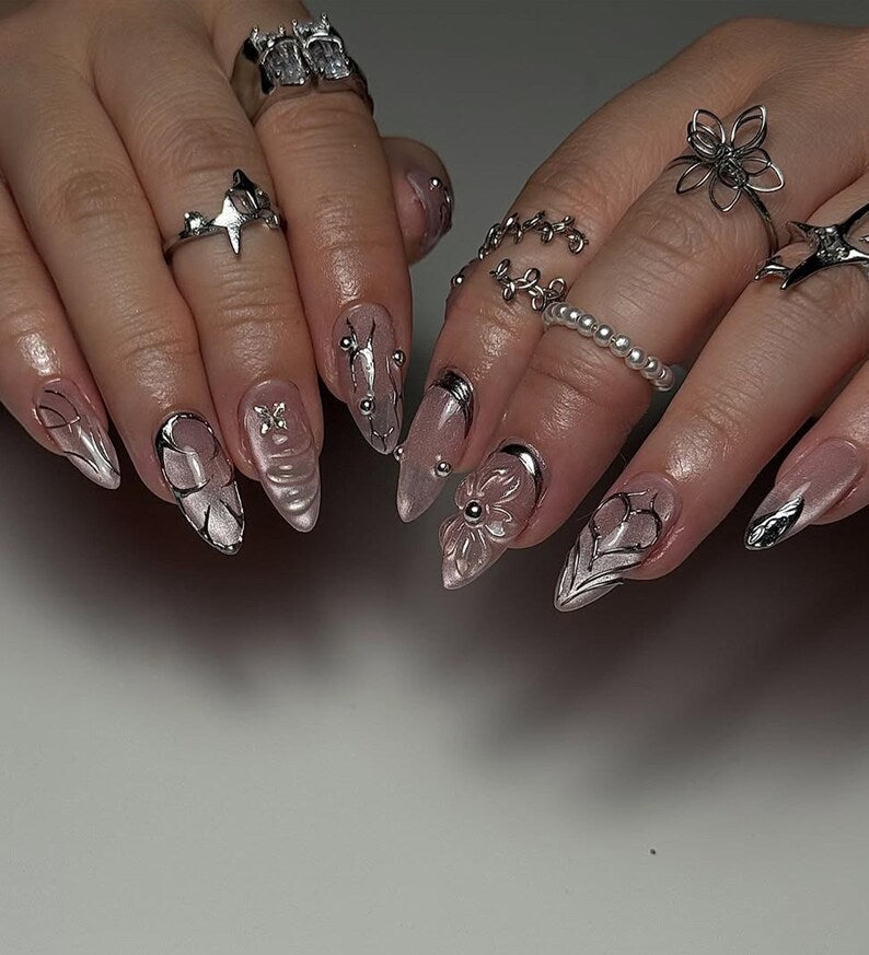Gothic Silver Bloom Press On Nails | Metallic Floral Nail Art | 3D Chrome Accents | Elegant Gothic Statement Nails