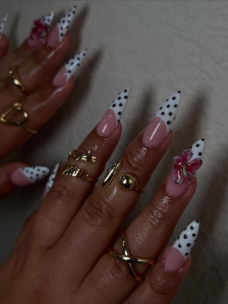 3D Orchid Polka Dot Press On Nails, Pink and White French Tip Nails with Hand Painted Flower, Retro Chic Nails, Handmade Nail Set