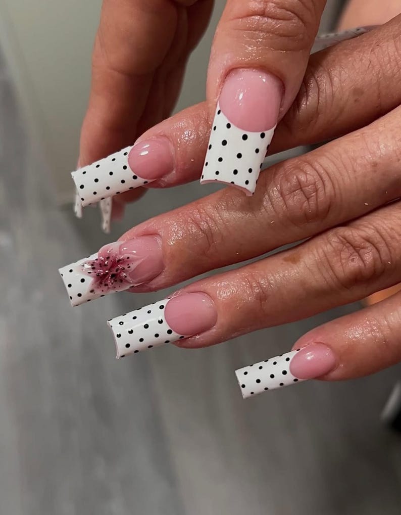 Luxe Polka Dot Press On Nails | White French Tip with Black Dots Nail Art | 3D Pink Flower Accent Nails | Handmade Long Square Nails