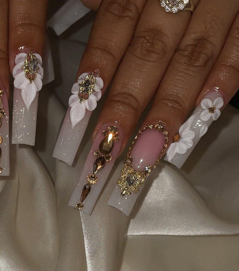 Luxury 3D White Flower Press On Nails | Gold Rhinestone Gem Milky White Long Square Fake Nails | Elegant Bridal Prom Birthday Nail Art