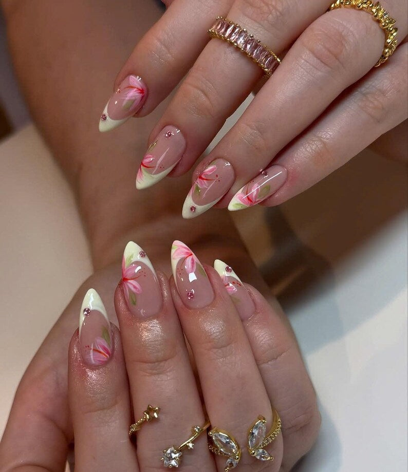 Summer Floral Press On Nails, Yellow French Tips Fake Nails, Handpainted Summer Nails with Pink Blossom, Beach Vacation Nails, Party