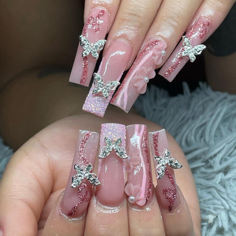 Pink Bloom Luxe Press On Nails | 3D Silver & Crystal Embellished Nails | White Hibiscus Floral Nail Art | Handmade Luxury Press Ons
