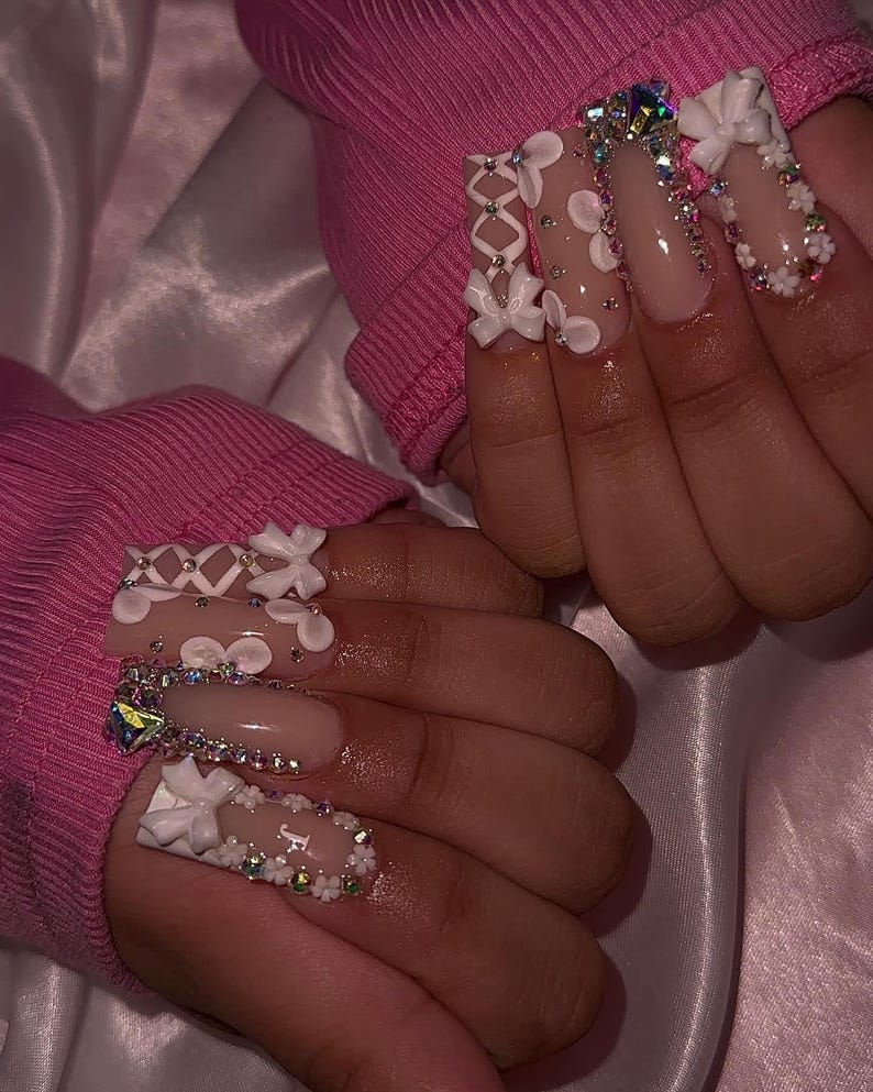 Classy Press On Nails | Long Square French Tip Nails | Floral Bow Rhinestone Design | Elegant French Tip Press On Nails