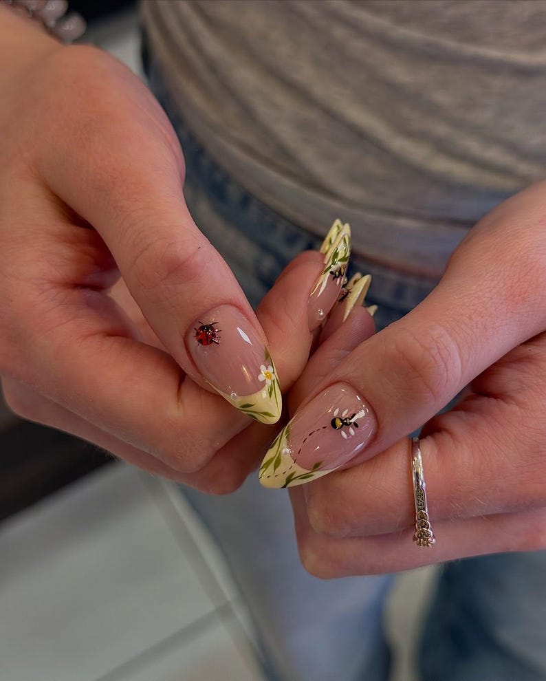Ladybug Garden Press On Nails | 3D Floral Spring Fake Nails | Spring Meadow Nail Art | Floral French Tip Design Nails