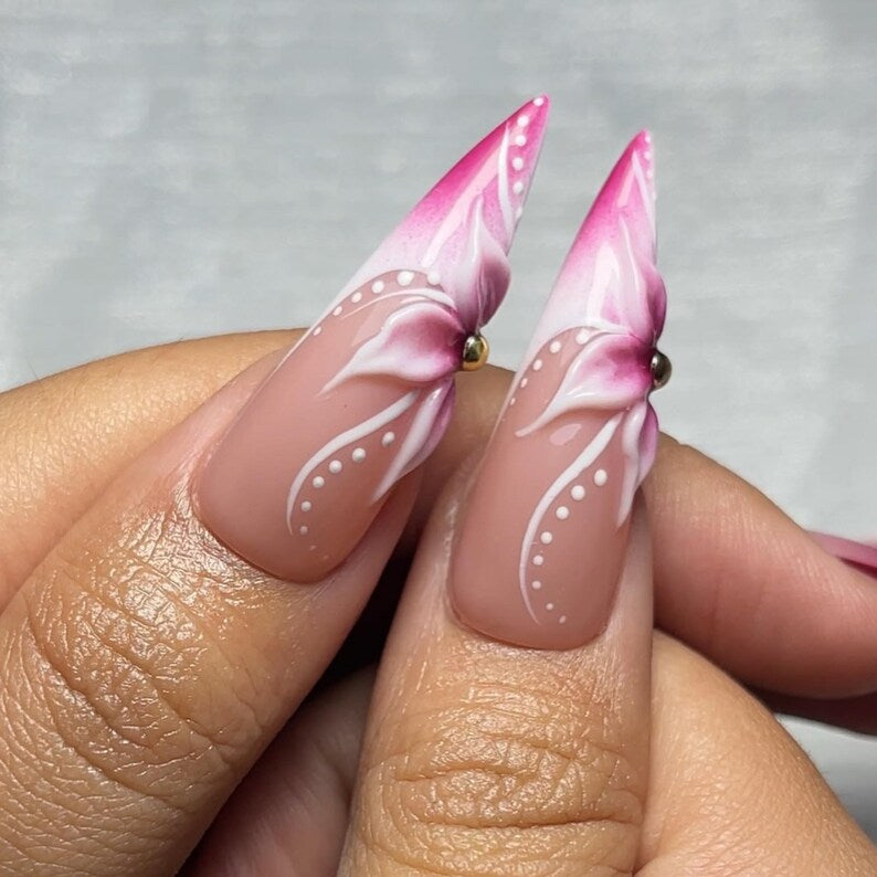 Wine Marble & 3D Floral Press On Nails | Glossy Pink Purple Ombre Gradient | Crystal Embellishments And Metallic Accents