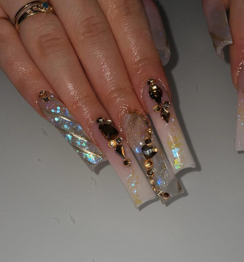 Handmade XL Gold Luxury 3D Flower Press On Nails | Maximalist Heart Crystal Rhinestone XL Square Fake Nails | Elegant Birthday And Event Art