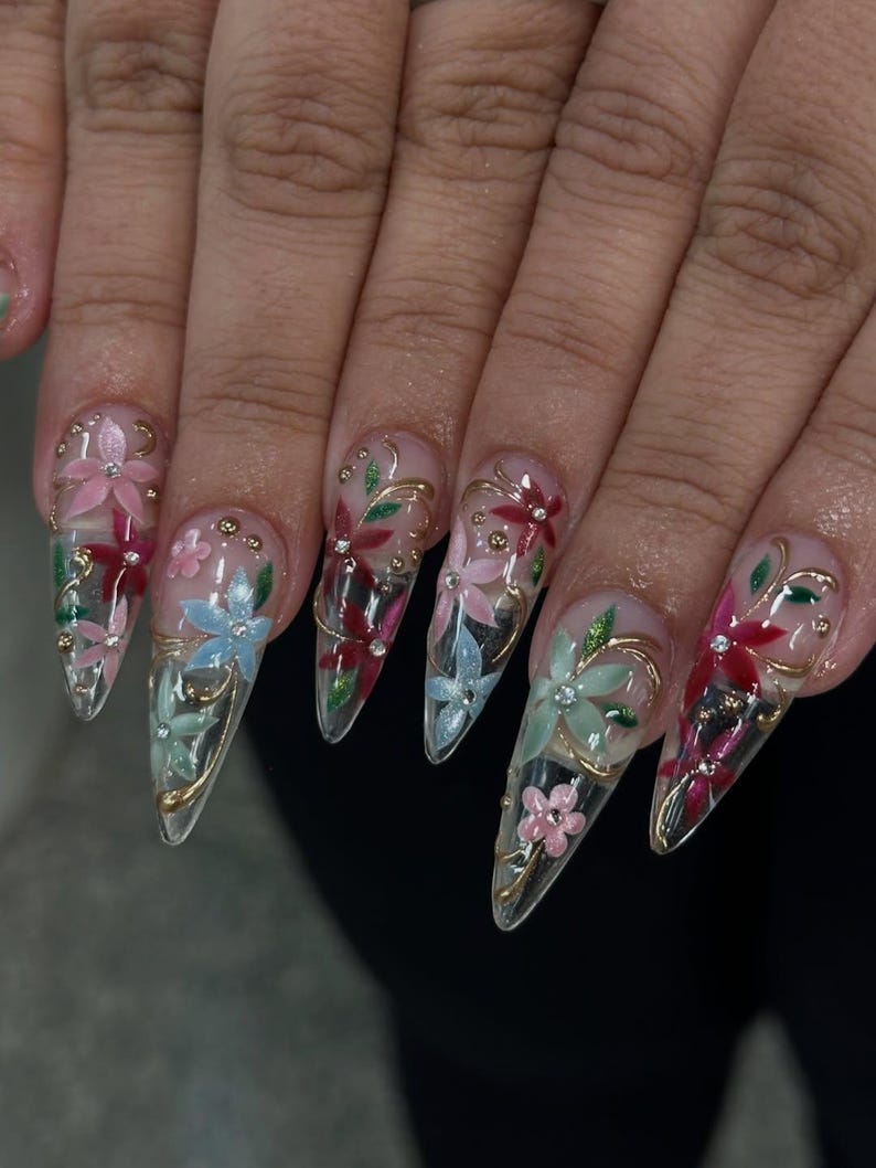 Colorful Floral Press On Nails for Romantic Girls | Garden Flower Nails for Spring | Handmade 3D Blossom Nail Art for Holidays