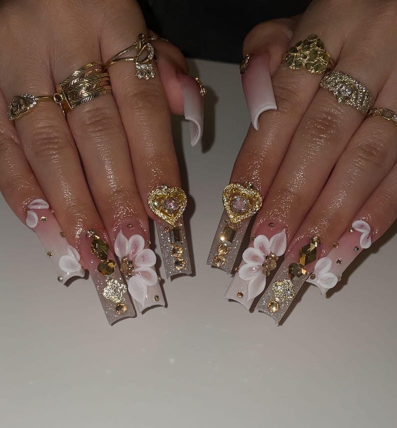 Handmade XL Gold Luxury 3D Flower Press On Nails | Maximalist Heart Crystal Rhinestone XL Square Fake Nails | Elegant Birthday And Event Art