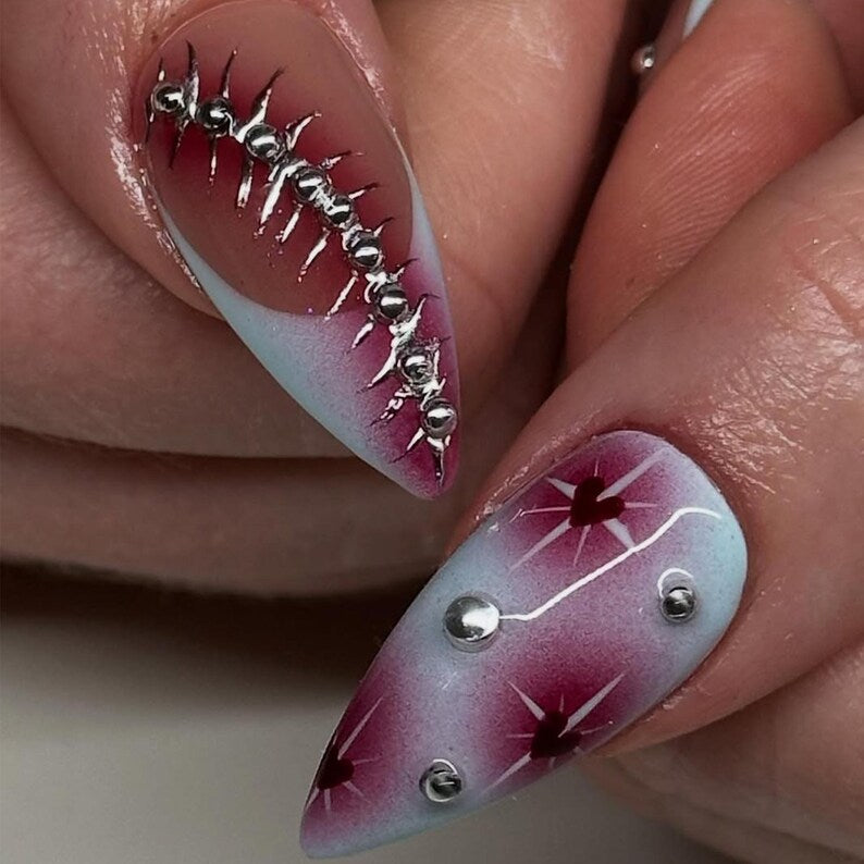 Airbrush Blue Gradient Press On Nails by SugarNailArt | Heartburst Chrome Nail Art | 3D Hearts & Stars Fake Nails | Y2K Inspired Nails