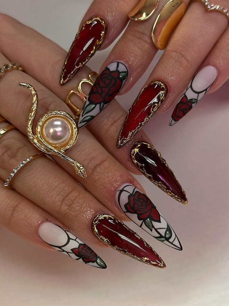Stained Glass Rose Press On Nails | Gothic Red Floral Transparent Nails | Glass Effect 3D Rose Design | Velvet Rose Deep Red Glossy Nails