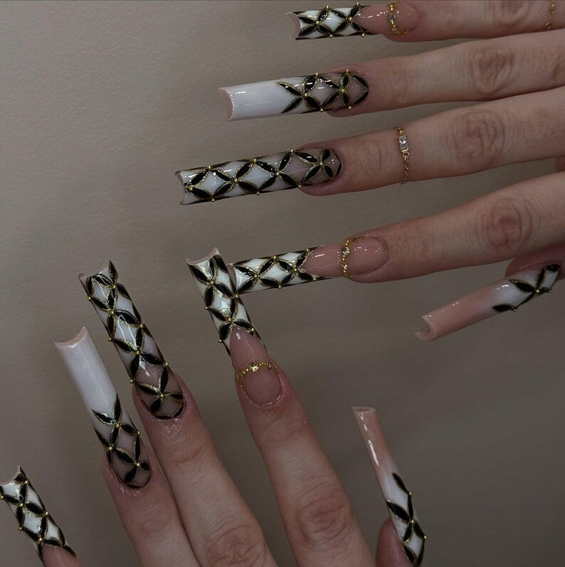 Ombre White Press On Nails | Handmade Faux Acrylic Gel Nails | Black Floral Rhinestone Long Square Nail | Evening party | Formal event nails