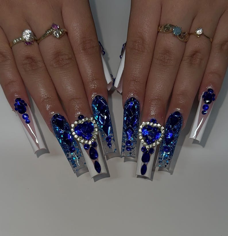 Hand-Painted Royal Blue 3D Heart Luxury Long Square Press On Nails | Elegant Rhinestone V-Cut French Tip Nails | Handmade Glam Nail Art