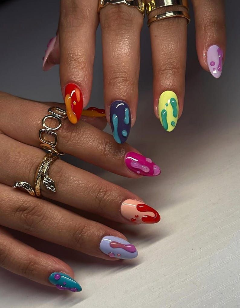 Rainbow Drip Pop Press On Nails | Colorful Glossy Nail Art | 3D Dripping Paint Effect Nails | Bright Summer Festival Nails