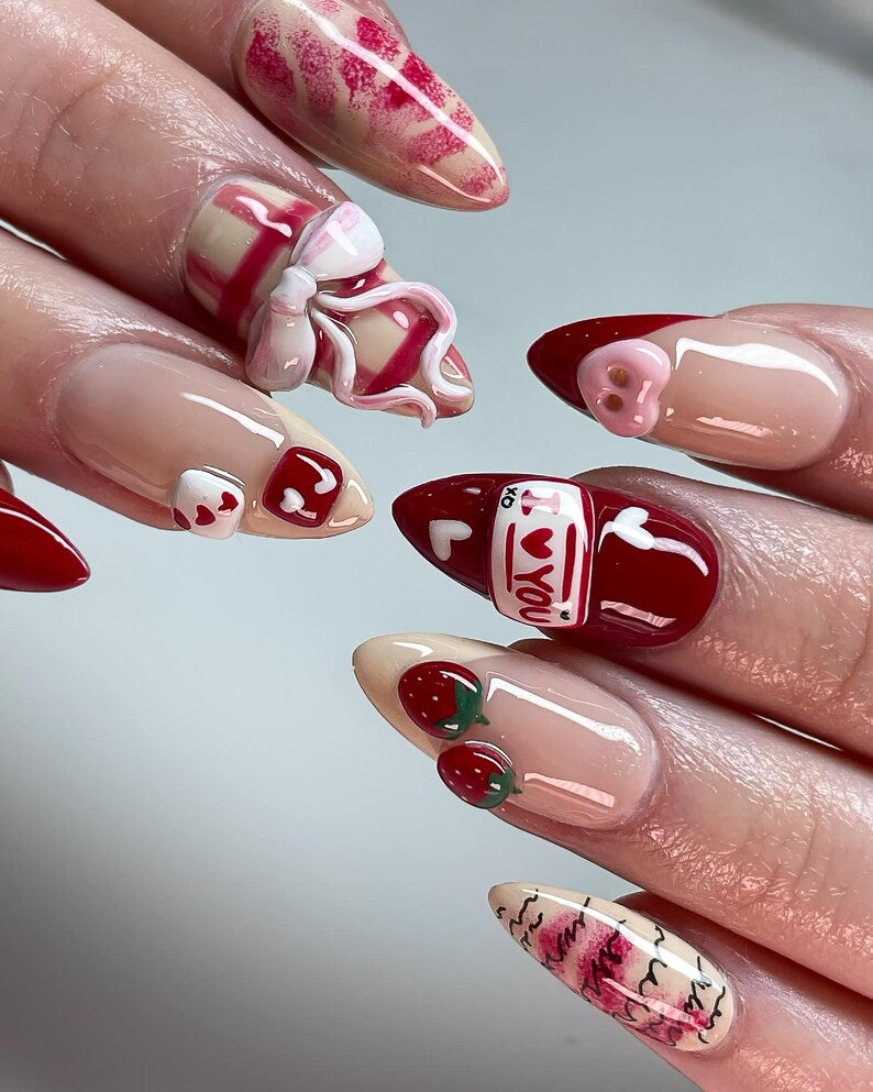 Cute Romantic Press On Nails, Valentine Nails with 3D Bows and Cherries, I Love You Nail Set, Red Nude Heart Nails, Kawaii Nails